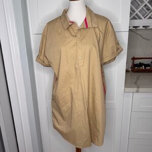 CARYN LAWN Jackie Dress Size OSFM Khaki Stripe Pink Trim Short Sleeve Pockets